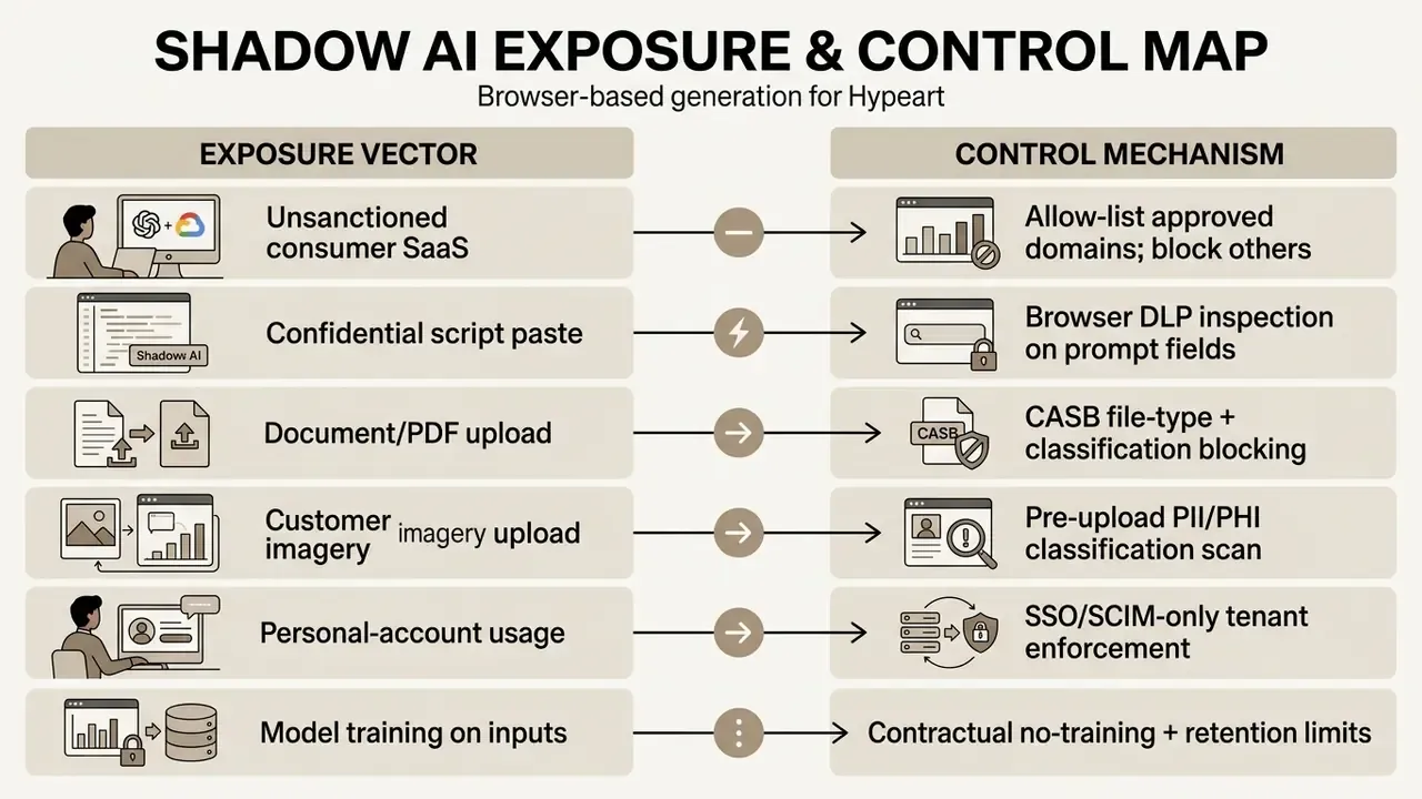 Comparison table mapping specific shadow AI exposure vectors to their corresponding security controls