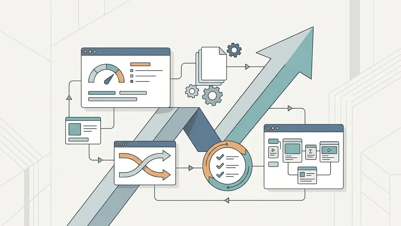 Growth arrow connecting digital dashboards with performance metrics and task management icons