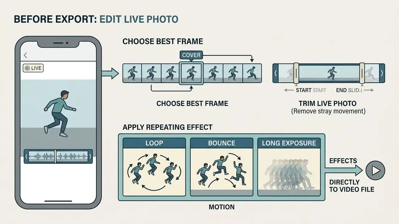 Infographic showing how to trim a Live Photo and apply loop, bounce, or long exposure effects before exporting
