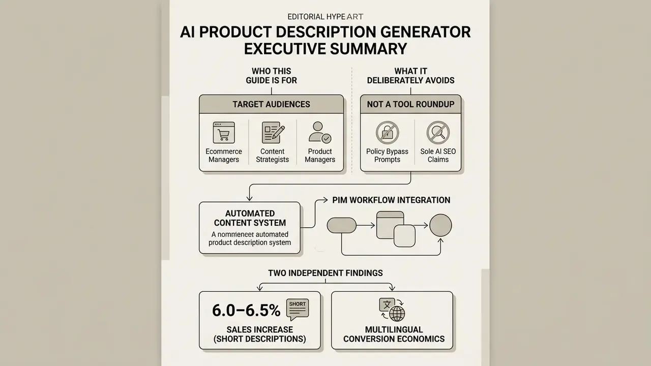 Infographic outlining target audiences, content system workflows, and key findings for AI product descriptions