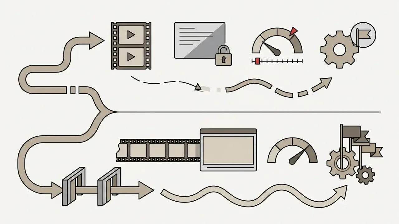 Two branching paths showing video processing steps with speed gauges, locks, and gear icons