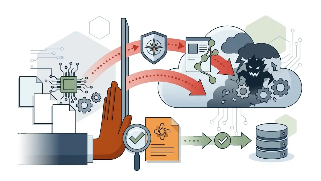 Hand blocking data flow from a processor to a stormy cloud while verifying documents for storage