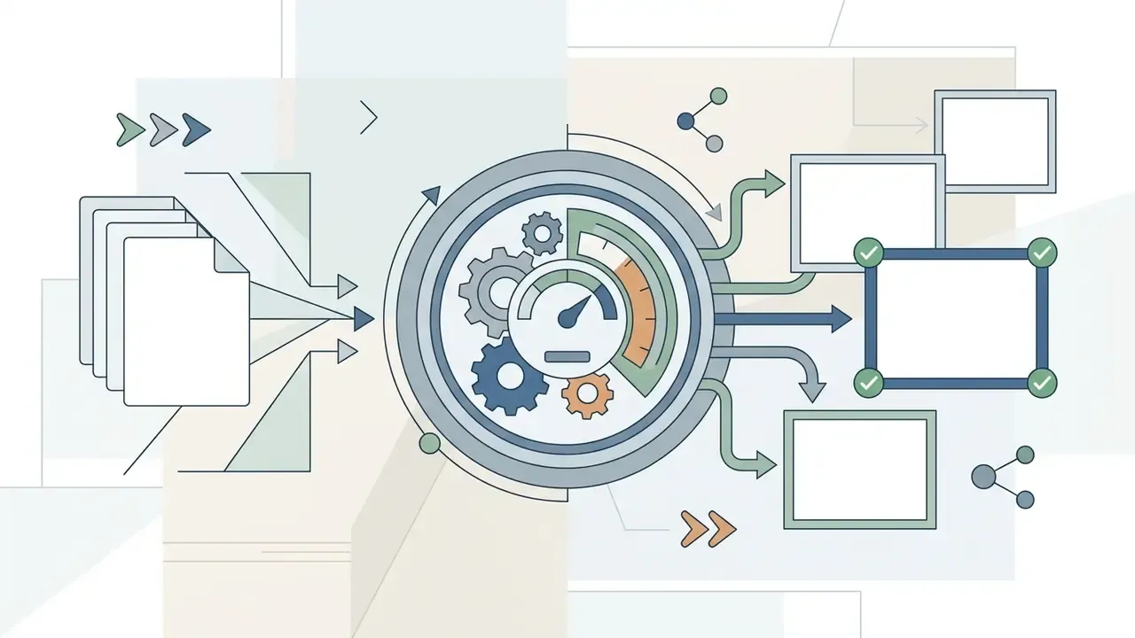 Documents feeding into a central gear and gauge mechanism to output refined digital marketing layouts