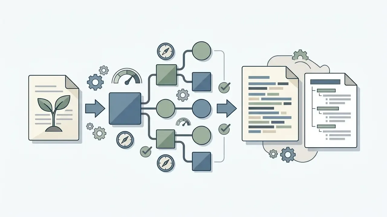 Seed keyword document processed through gears and branching nodes into structured content outlines