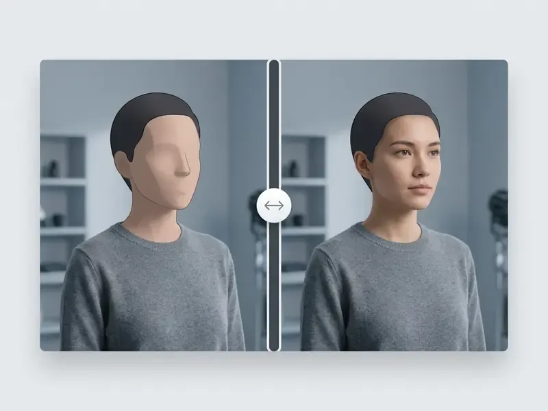 Draggable slider comparing a featureless mannequin head to a realistic human face with natural lighting
