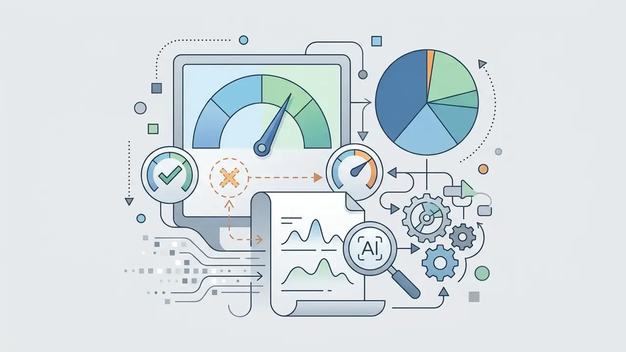 Monitor showing a gauge and data charts with gears and a magnifying glass analyzing document statistics