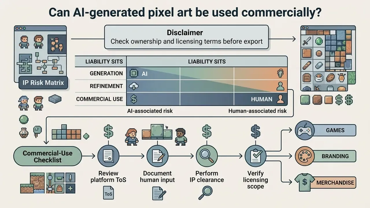 Flowchart showing an IP risk matrix and a commercial use checklist for AI pixel art assets