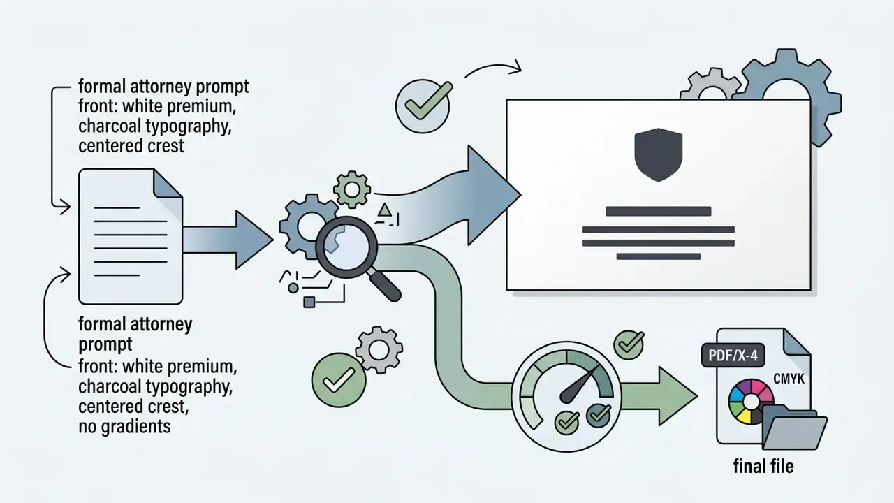 Text prompts flowing through gears and a magnifying glass to create a formal business card and PDF output