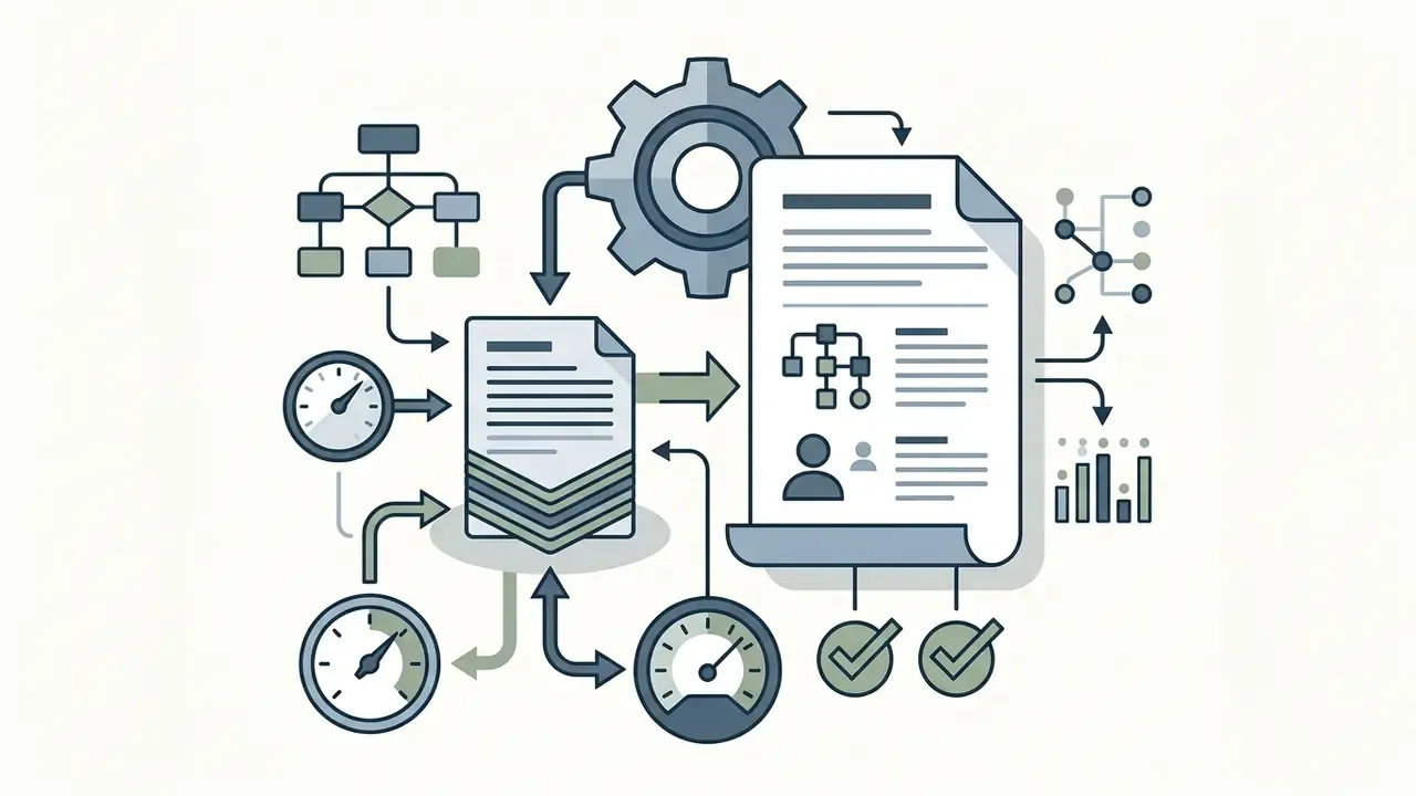 Technical documents and gears connecting to gauges and checkmarks for print reproduction standards