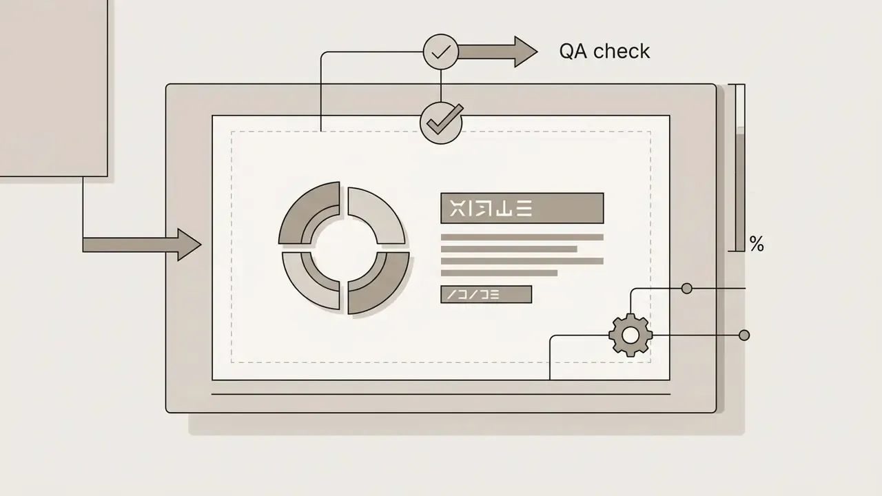 Screen frame with a donut chart and text blocks connected to a QA check and gear settings icon