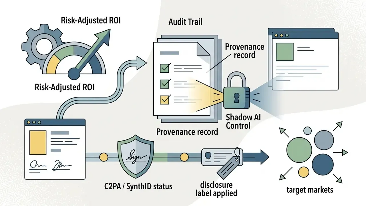 Visual path connecting ROI metrics to audit documentation, provenance verification, and market distribution