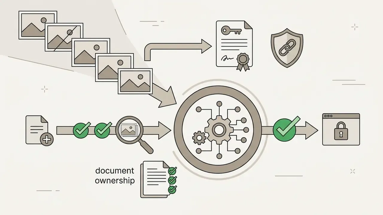 Sequence of image processing steps leading to ownership documentation and a secure digital lock icon