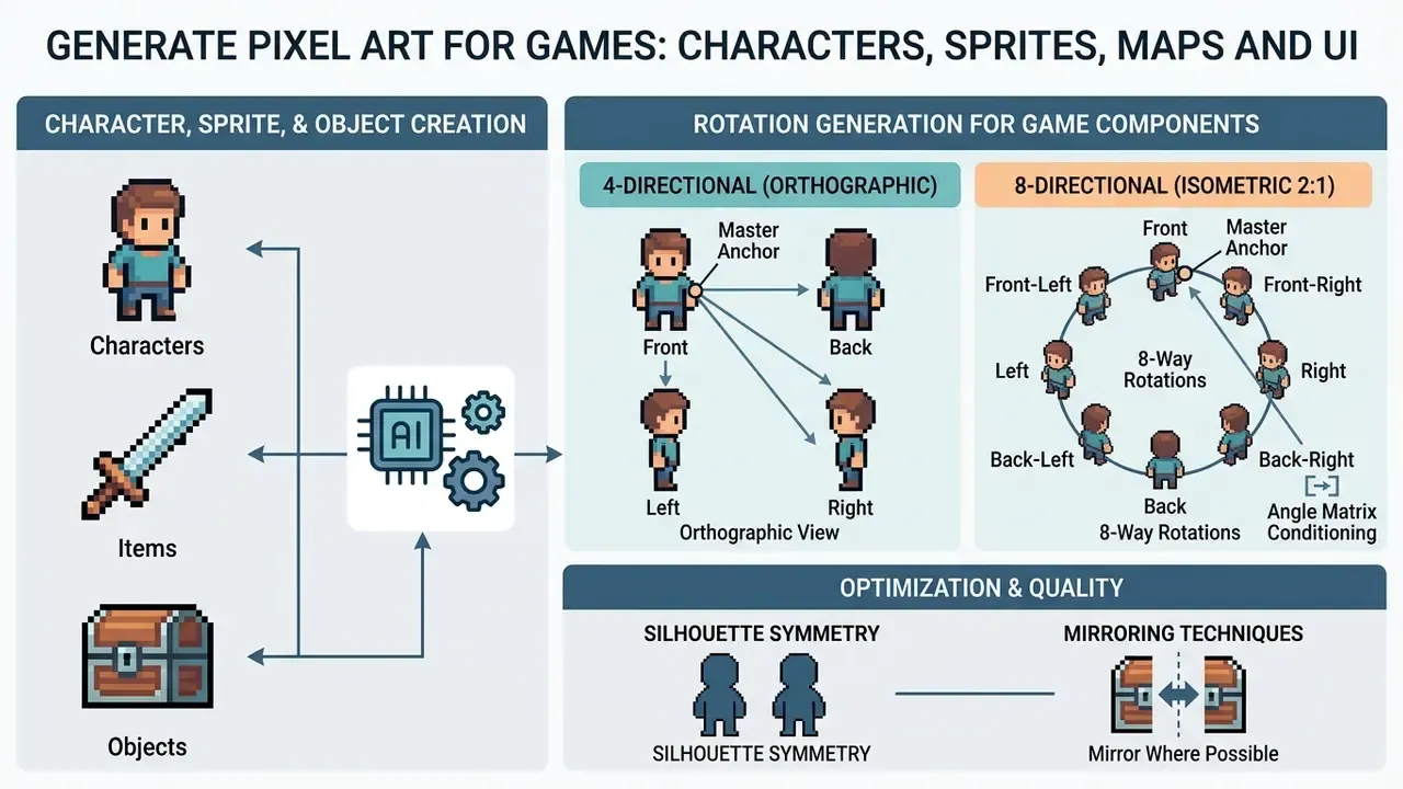 Diagram showing AI generation of pixel art characters and sprites with 4-way and 8-way rotation examples