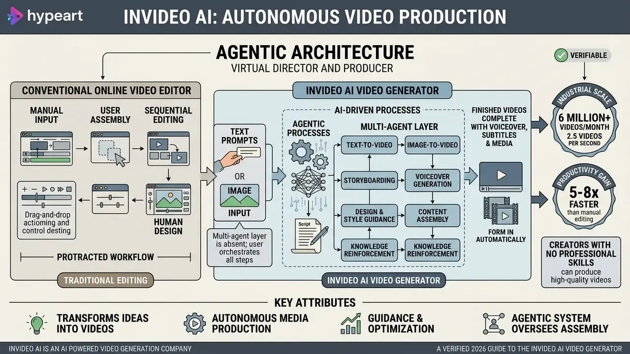 Comparison diagram contrasting manual video editing workflows with the automated InVideo AI process