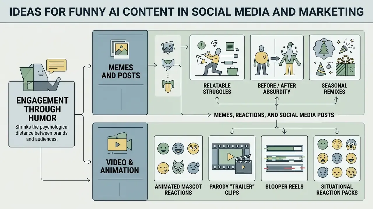 Infographic showing categories for humorous digital content including memes, animations, and reaction packs