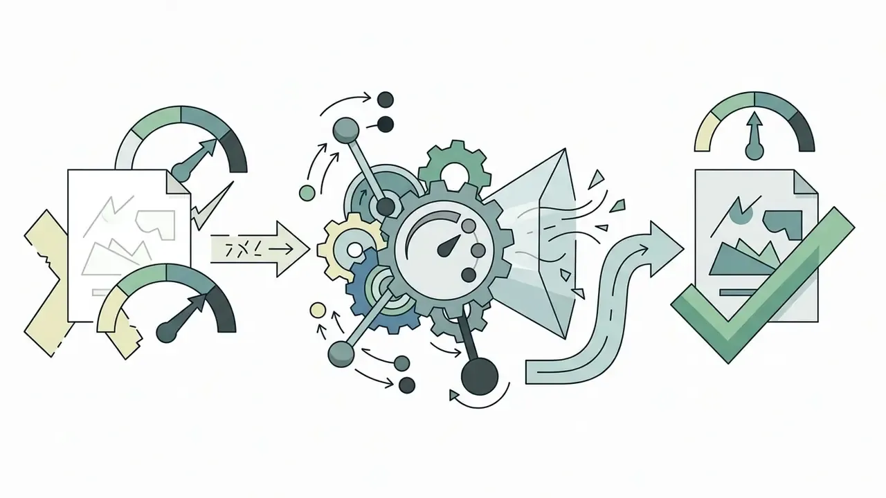 Document with gauges passing through a central gear mechanism to become a verified file with a checkmark