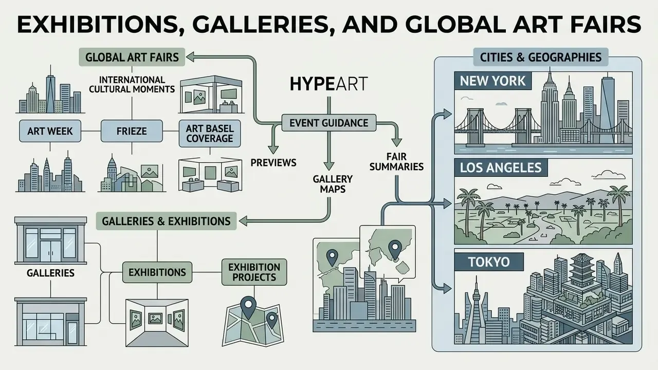 Diagram mapping HypeArt event guidance services across global cities, art fairs, and gallery exhibitions