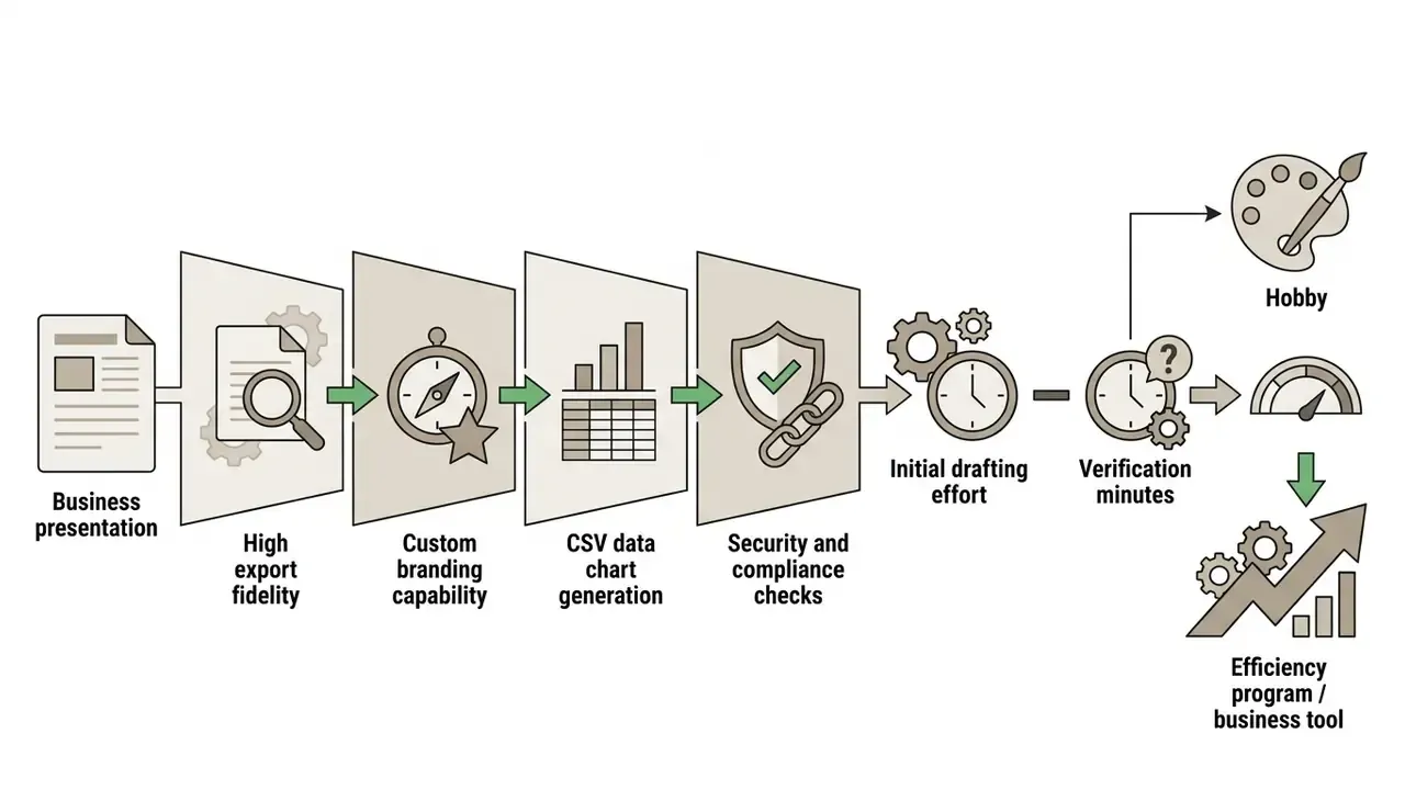 Process flow showing document creation steps leading to a choice between hobby use or efficiency gains