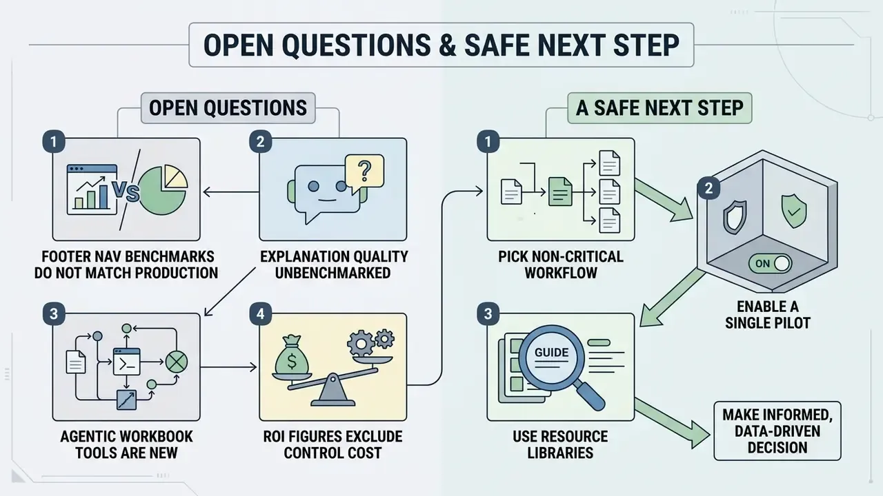 Flowchart comparing unresolved governance questions with a recommended pilot implementation strategy