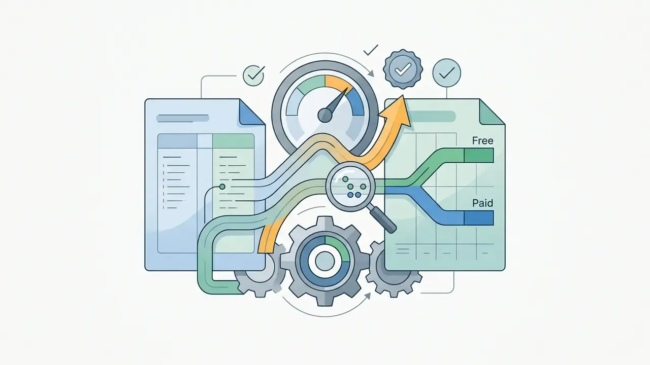 Document analysis showing data flow through gears and a gauge to separate free and paid software features