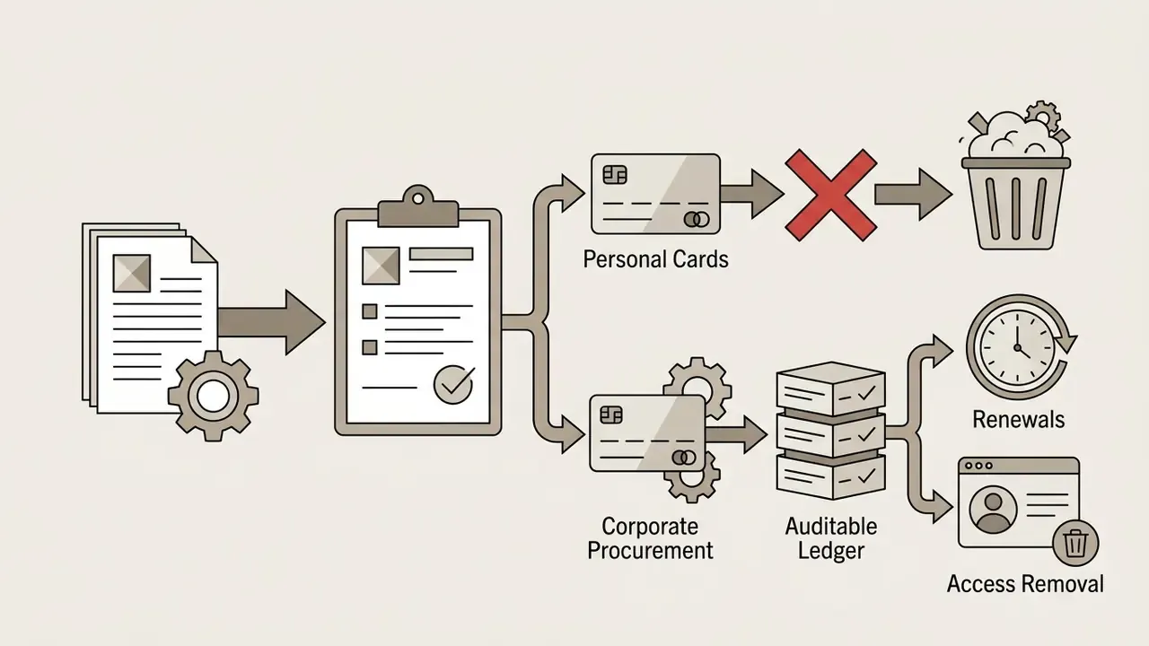 Flowchart comparing personal card payments to corporate procurement for auditable subscription management