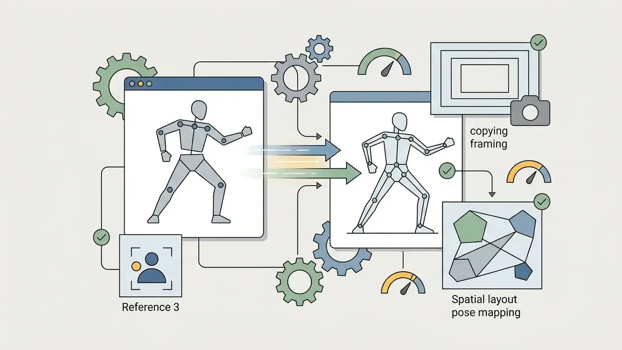 Gears connecting a reference pose to a target layout through framing and spatial mapping icons