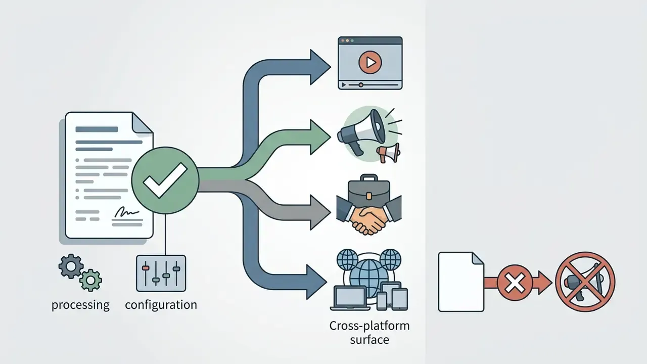 Legal document with checkmark branching into icons for video, advertising, business, and global distribution