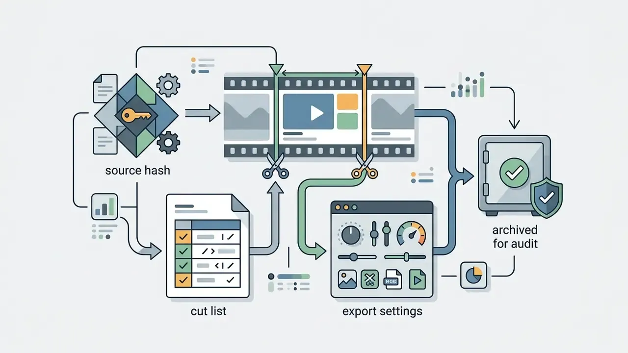 Workflow showing source hash generation, video segment cutting, export configuration, and secure archiving
