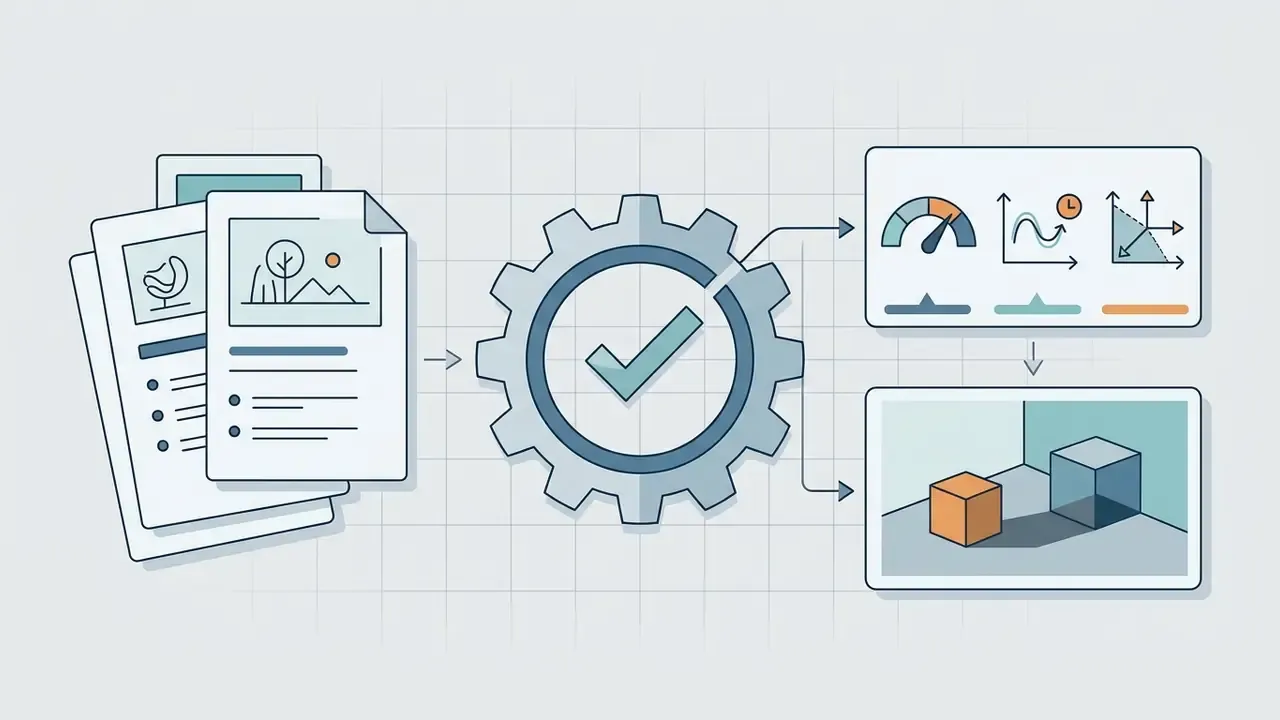 Data sheets feeding into a gear system that outputs performance charts and 3D spatial analysis results
