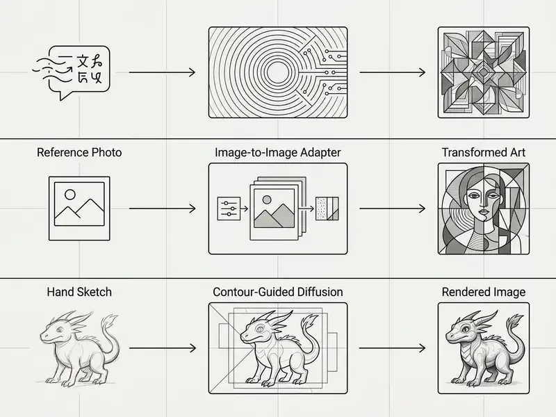 Diagram showing three AI generation workflows using text, reference photos, or hand sketches as inputs