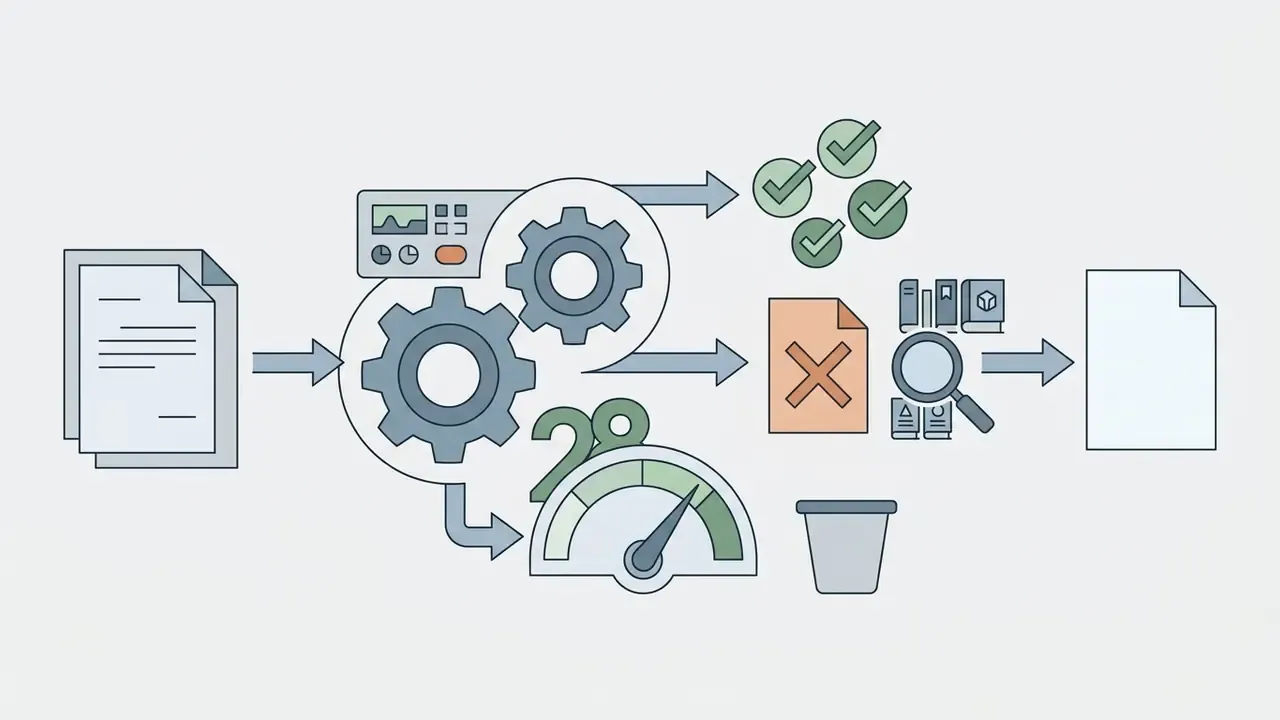 Document processing steps featuring gears, a speed gauge, checkmarks, and a magnifying glass