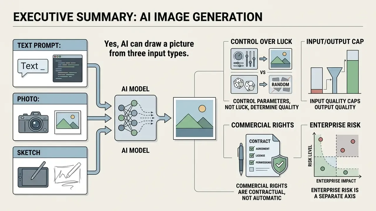 Infographic showing how text, photos, and sketches feed into an AI model to generate images