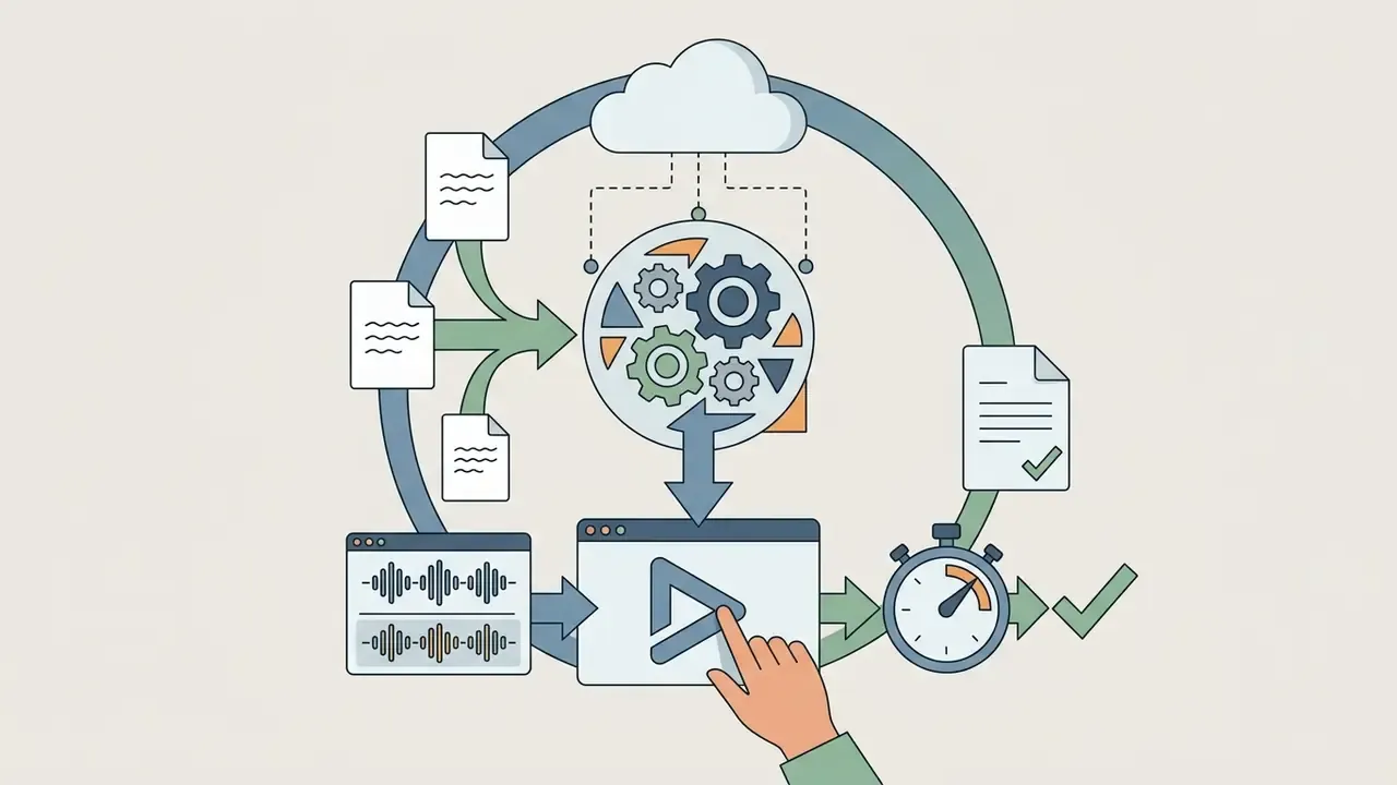 Document files feeding into a central gear processor connected to a cloud server for audio rendering