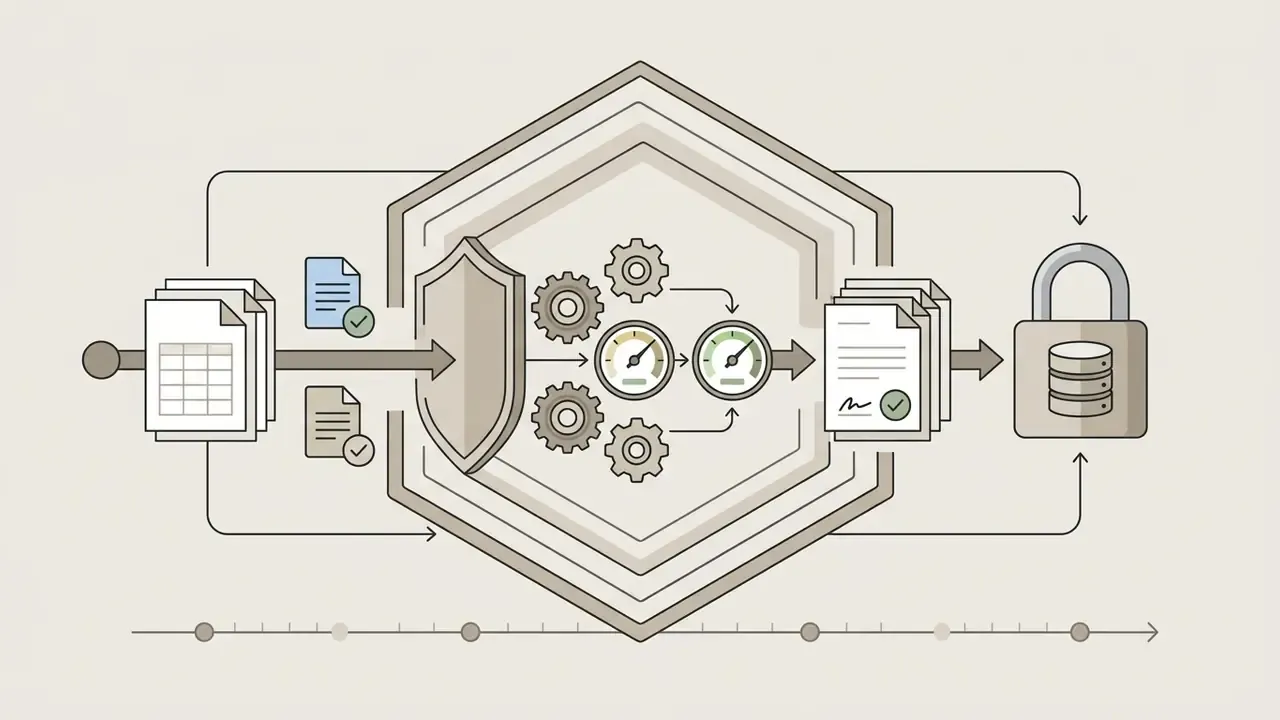 Documents passing through a shield and gear mechanism into a locked database for compliance tracking