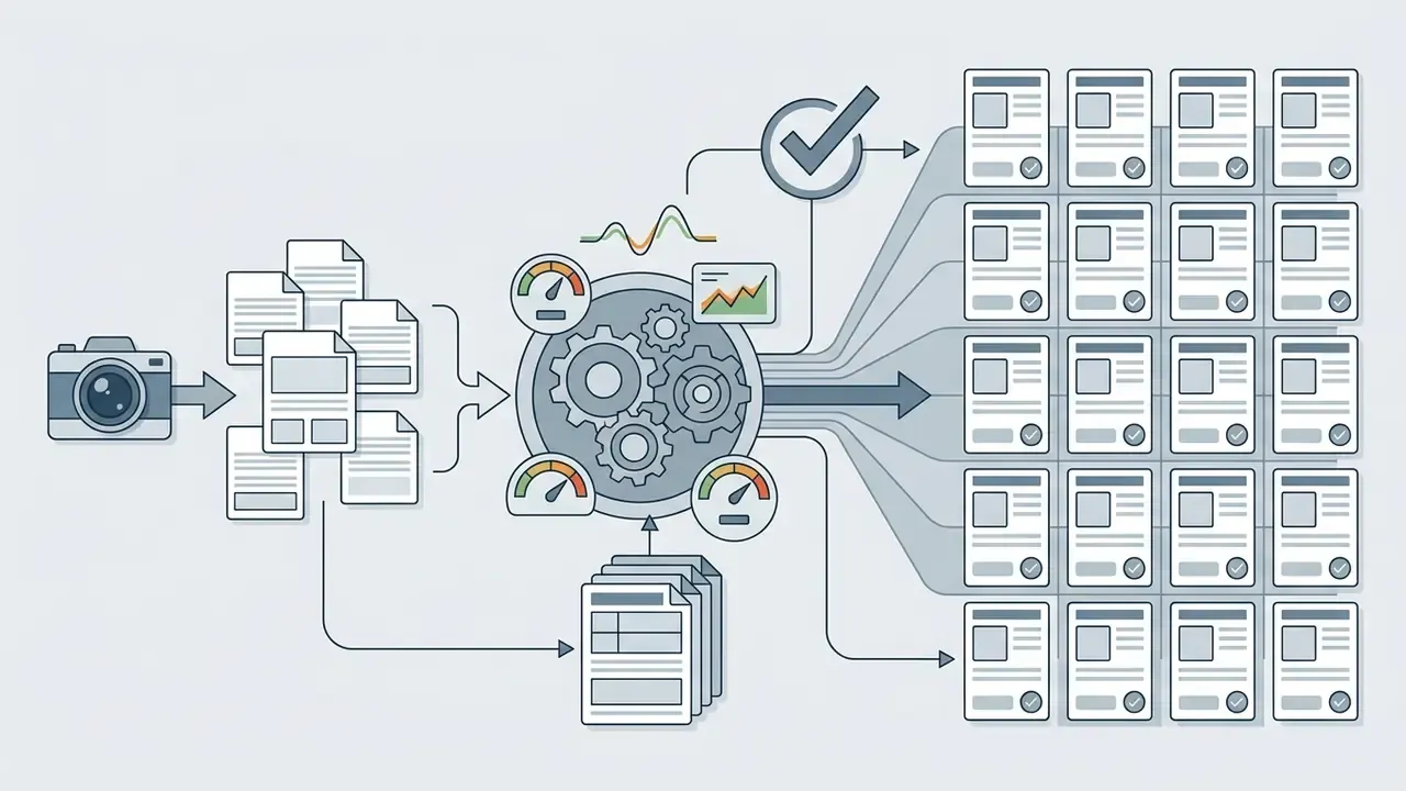 Camera and document inputs feeding a central gear engine to produce a grid of standardized product files