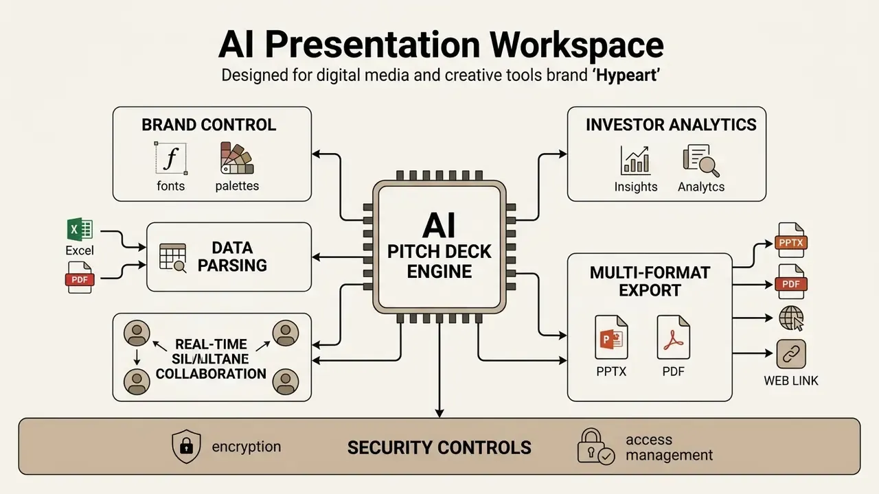 Central AI engine connected to modules for brand control, data parsing, collaboration, and file export