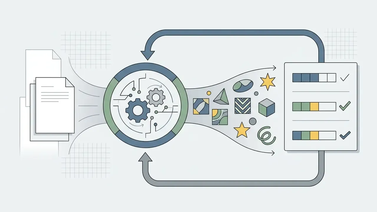 Documents feeding into a processing hub that creates shapes and checks them against a feedback loop