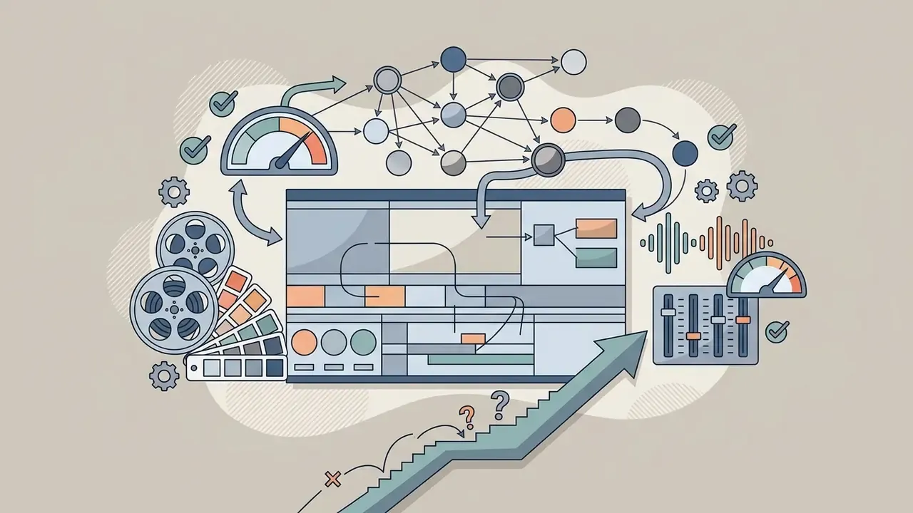 Complex video editing interface surrounded by node graphs, audio mixers, and a steep staircase graphic