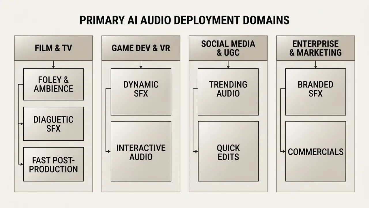 Four columns categorizing audio production use cases for film, games, social media, and enterprise marketing
