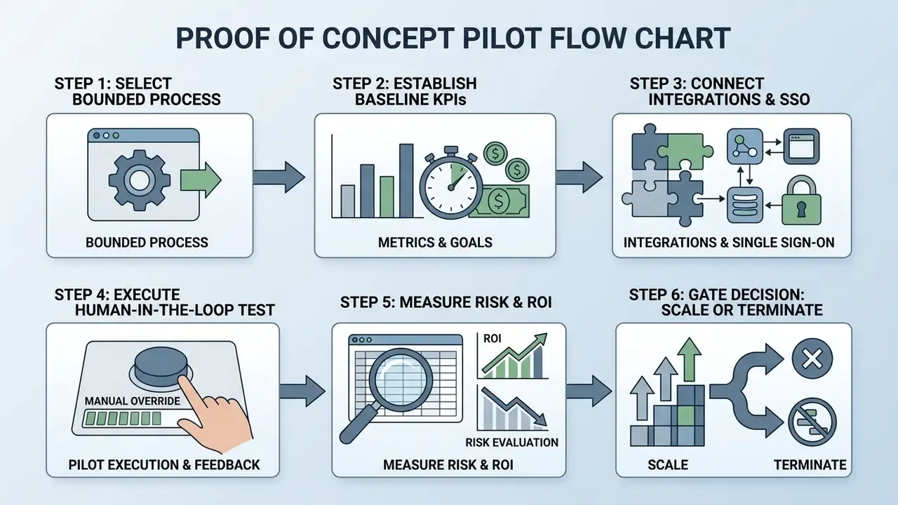 Six sequential steps for testing AI tools including process selection, KPI setup, and final scale decisions