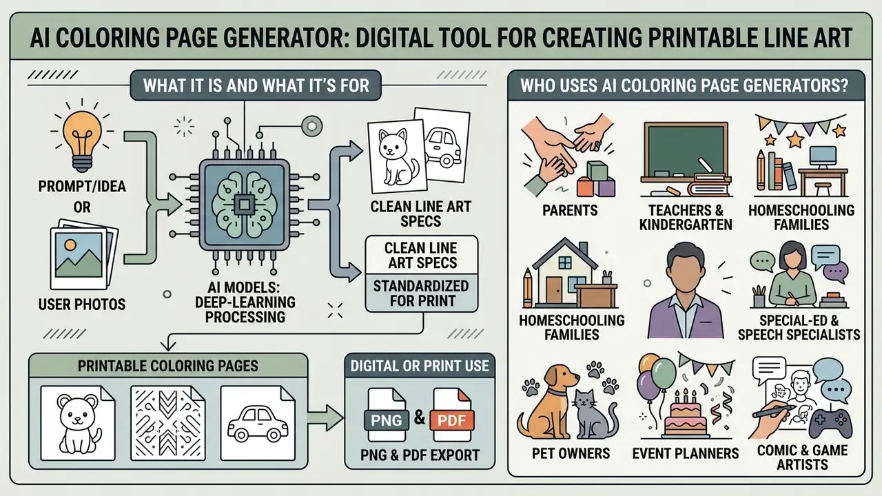 Infographic showing how an AI coloring page generator processes prompts into printable line art for users