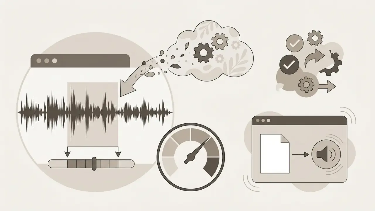 Audio waveform being processed by a cloud engine with a slider and a gauge for sound level adjustments