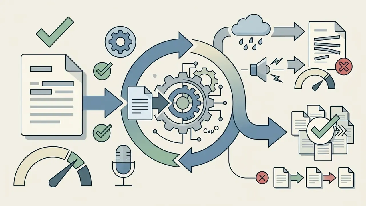Central gear mechanism processing documents and audio inputs into verified text outputs