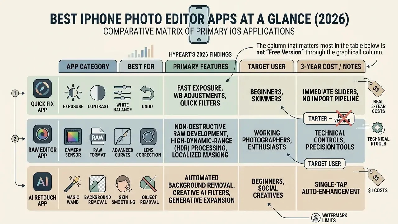 Comparative matrix table categorizing iPhone photo editor apps by features, target users, and costs