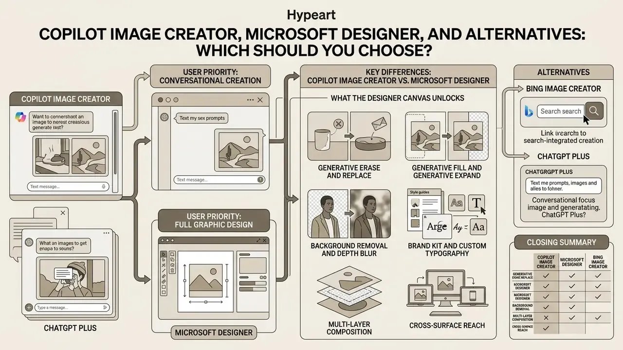 Flowchart comparing Copilot Image Creator, Microsoft Designer, and other AI image generation tools