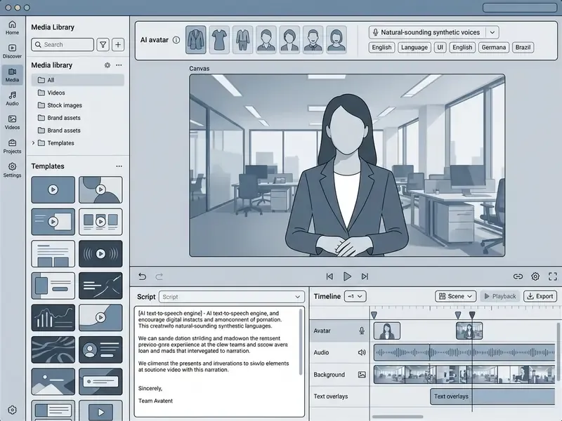 Synthesia editing interface showing a central video canvas, avatar selectors, script panel, and timeline
