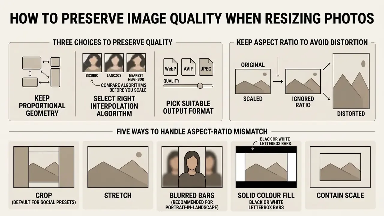 Diagram showing interpolation, aspect ratio maintenance, and methods for handling size mismatches