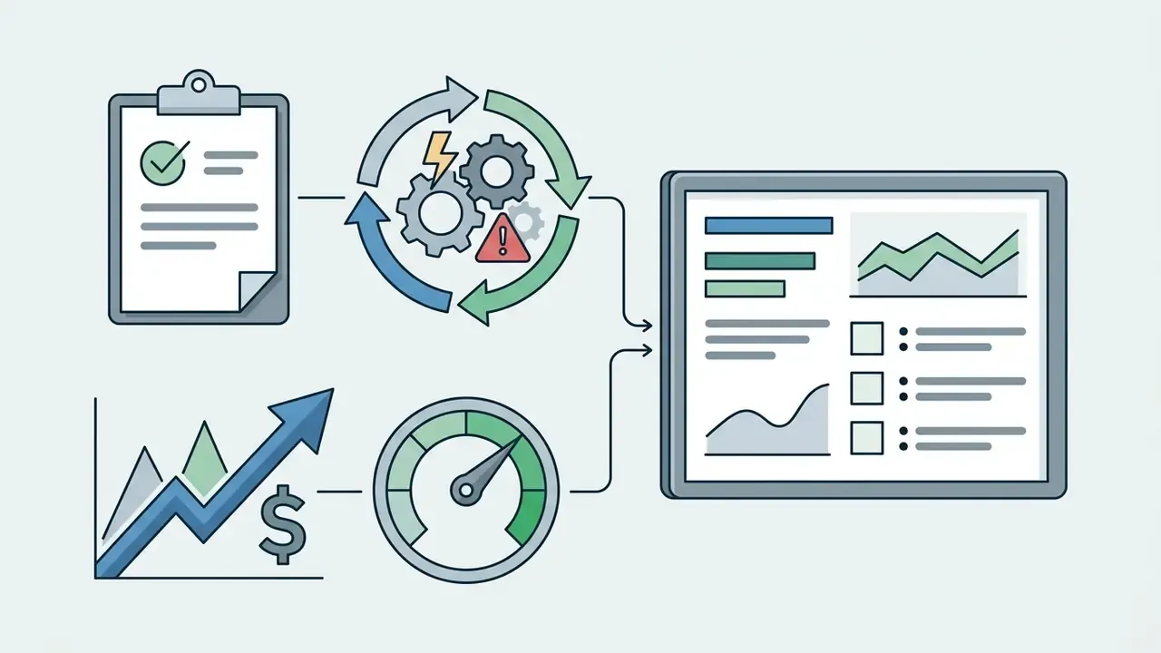 Clipboard, gear cycle, and financial charts feeding into a dashboard monitor for performance tracking