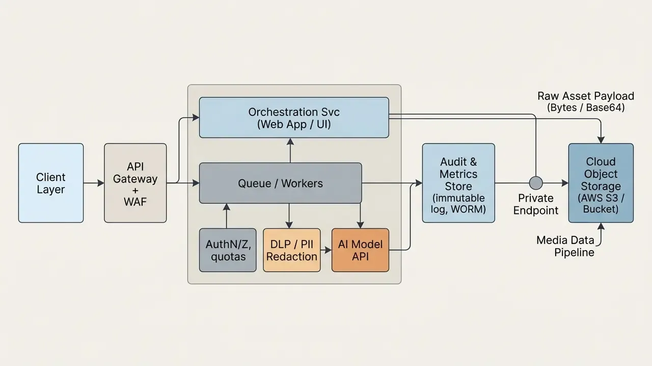 Diagram showing the sequence of components in a starter API workflow for AI media processing