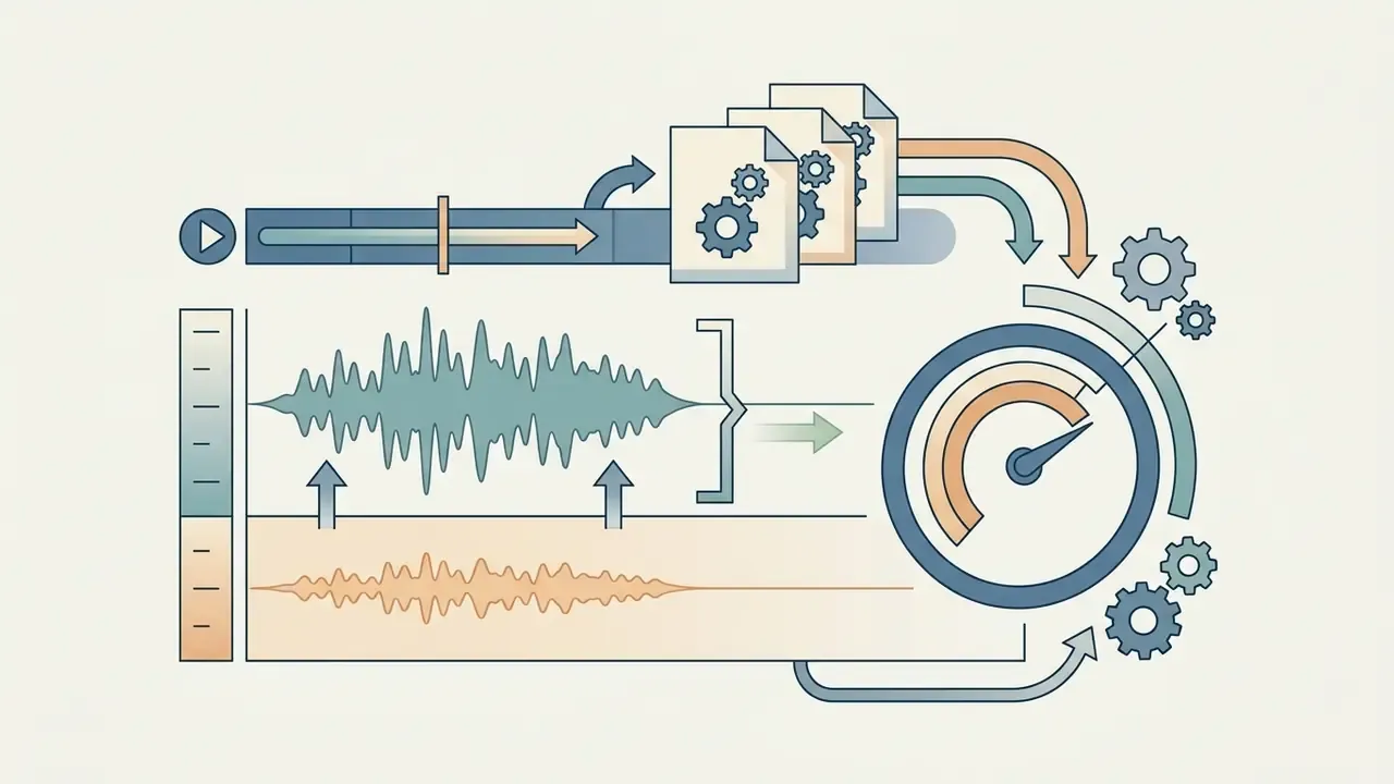Audio waveforms being processed through gear icons into a circular gauge to balance volume levels
